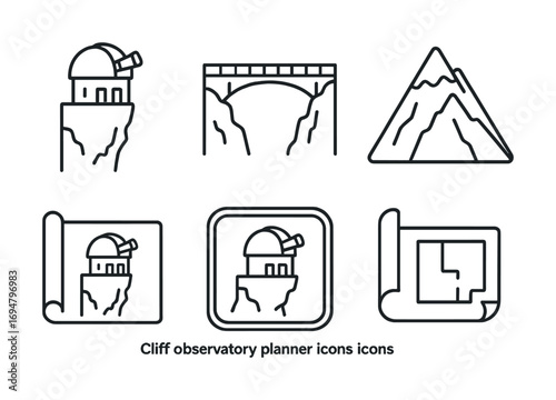 Cliff observatory and planner icons: observatory, bridge, mountain, blueprint, architecture