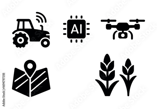 Smart farming icons: tractor, ai chip, drone, map, crops in agriculture technology