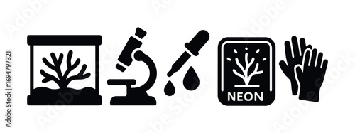 Aquarium coral, microscope, pipette, neon sign, gloves icon set