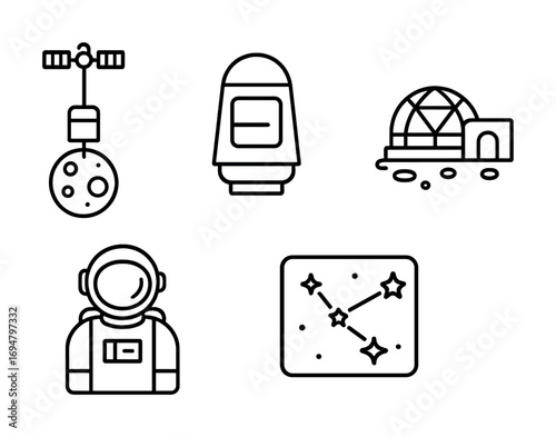 Space exploration icons: satellite, capsule, dome, astronaut, star map