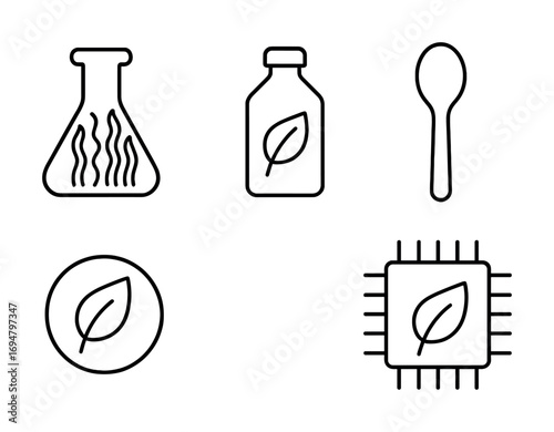 Eco-friendly symbols: green chemistry, sustainable packaging, biodegradable materials, renewable energy, organic products
