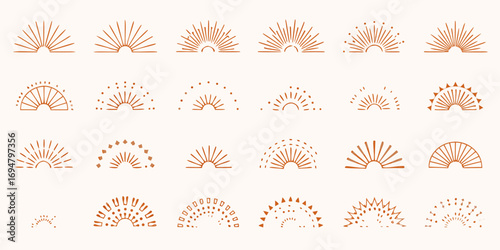 Collection of minimalist boho sunburst and sunrise semicircle icons in earthy terracotta tones