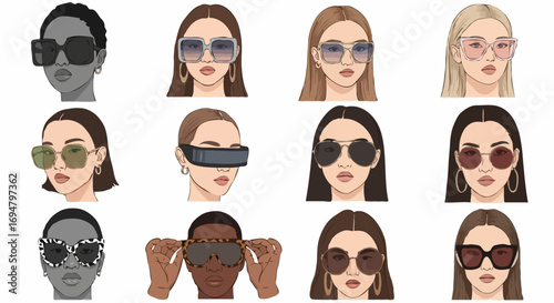 Set of images. Different women and men fashionably demonstrate different styles of stylish sunglasses on white background.