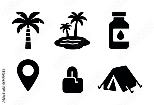 Silhouette icons: palm trees, map pin, medicine bottle, mouse, tent