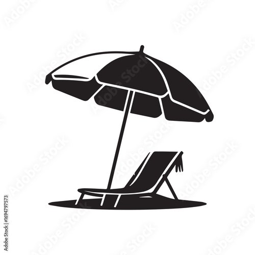 A black silhouette of a beach umbrella and lounge chair on the sand, representing a perfect summer vacation