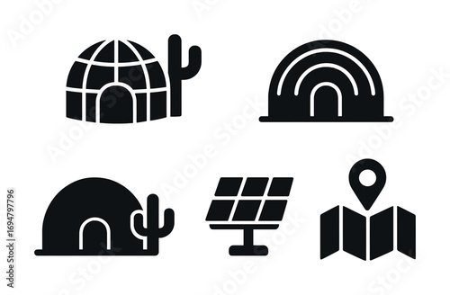 Minimalist black icons of igloo, solar panel, cactus, and map symbols