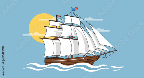 Illustration of a tall ship sailing on the ocean under a bright sun and wispy clouds.