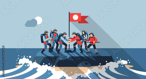 Team of hikers planting a flag on a small island in the ocean, symbolizing achievement and teamwork.