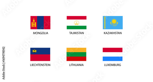 Flags of mongolia tajikistan kazakhstan liechtenstein lithuania luxembourg set