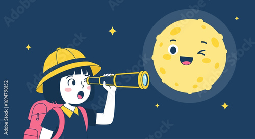 A young girl with a backpack uses a telescope to look at a smiling, winking moon in a starry night sky.