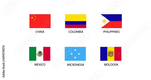 Collection of national flags from china, colombia, philippines, mexico, micronesia, moldova