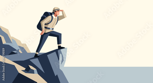A hiker with a backpack stands on a rocky cliff edge, looking out at a distant horizon.