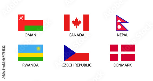 National flags of oman, canada, nepal, rwanda, czech republic, and denmark - bright and colorful
