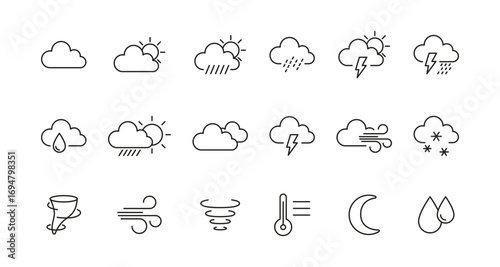 Minimalist weather icons set featuring clouds, sun, rain, and wind symbols
