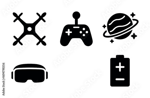 Drone, game controller, planet, vr headset, battery icons on white background