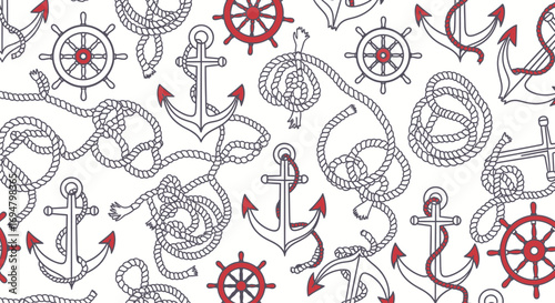 A repeating nautical pattern featuring anchors, ship wheels, and coiled ropes against a white background.