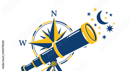 Vintage telescope, compass, and celestial objects, a symbolic image of exploration and discovery.