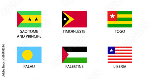 Flags of sao tome and principe, timor-leste, togo, palau, palestine, and liberia