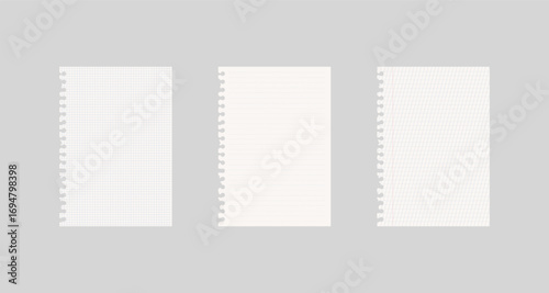 Set of torn notebook papers with grid, lined, and dot patterns on gray background