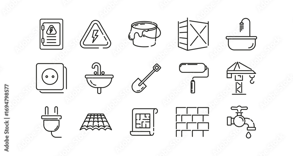 Fototapeta premium Construction and home maintenance icon set in minimalist linear design