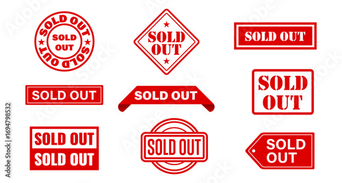 Assorted red sold out labels in flat design for marketing and retail