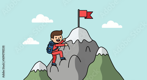 Cartoon illustration of a man climbing a mountain with a flag at the peak against a blue sky with clouds.