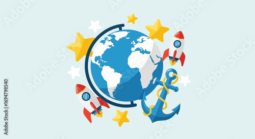 A vibrant illustration featuring a globe, rockets, stars, and an anchor, representing exploration and travel.