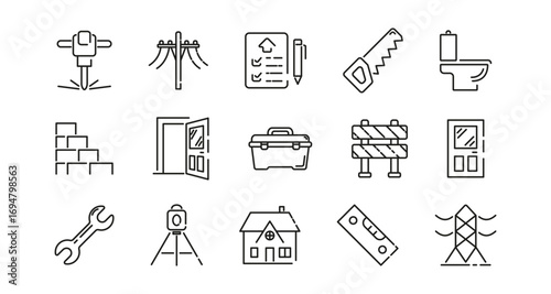 Essential linear construction and home repair icons