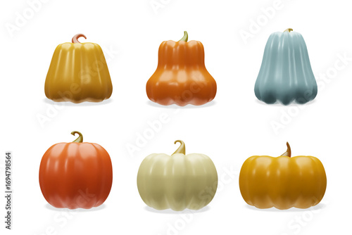 3d pumpkin autumn set of forms, colors, sizes. Three-dimensional vector illustration vegetable decoration for October season, Thanksgiving day, Halloween. Fall food plant vegetarians. Healthy eating