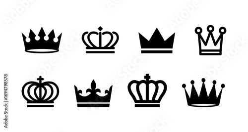 Black silhouette crown collection on white background: elegant royalty symbols