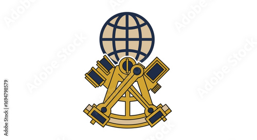 A stylized emblem featuring a globe above navigational instruments, gold and blue.