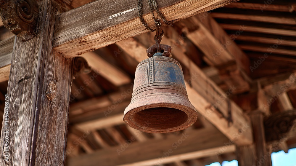 Obraz premium A temple bell hanging under a wooden roof