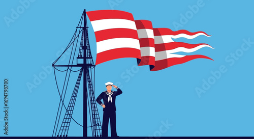 Sailor saluting a large flag on a ship's mast against a clear sky.