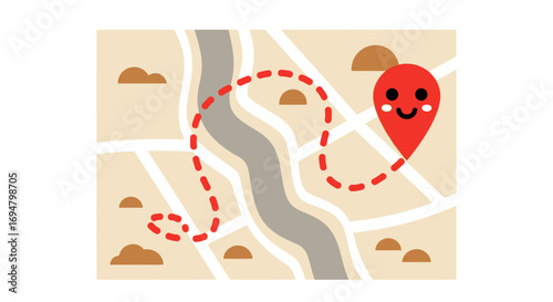 A whimsical map with a smiling location pin and a dotted route line, showing a journey.