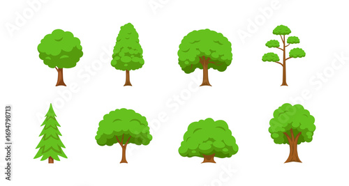 Set of eight cartoon trees with simple green foliage on white background