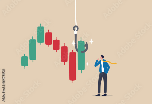 Candlestick signal to buy or sell in crypto trading or stock market, analyze data, chart and graph to make profit concept, businessman trader thinking while analyze green graph with fishing bait.