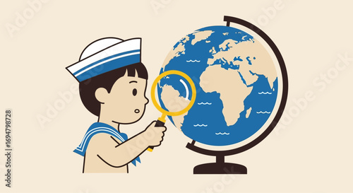 A young boy dressed as a sailor uses a magnifying glass to examine a globe, focusing on South America.