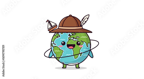 Cartoon Earth character wearing a pith helmet with a small ship and feather, orbiting.