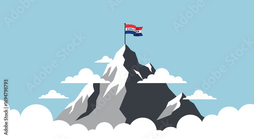 A mountain peak with a flag waving at the summit, surrounded by clouds, symbolizing achievement and reaching goals.