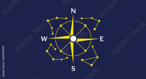 Celestial compass rose, constellations surrounding navigational tool.