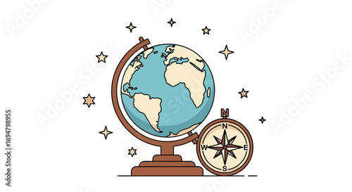 Globe and compass illustration, exploration, adventure, travel, world map, journey.