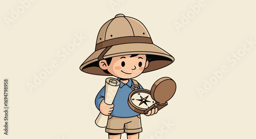 Cartoon illustration of a young boy dressed as an explorer holding a compass and a rolled-up map.