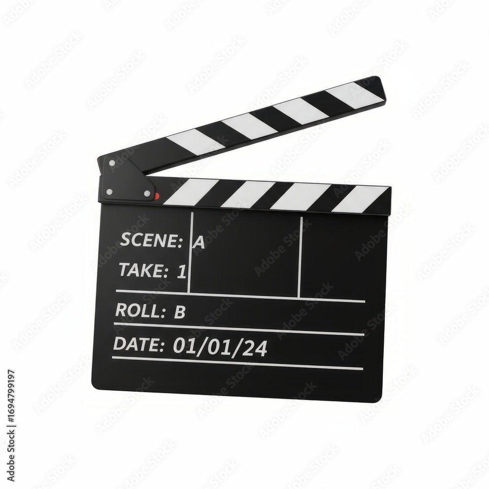 Fototapeta premium Classic clapperboard isolated on white, perfect for film production, movies, and video projects