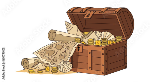 Open wooden treasure chest overflowing with gold coins, maps, and seashells.