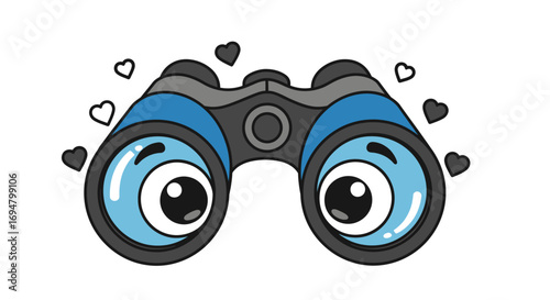 Cute cartoon binoculars with expressive eyes, surrounded by hearts, showing affection.