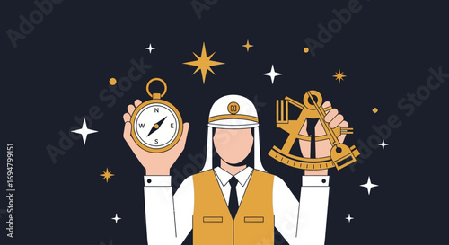 Illustration depicting a navigator holding a compass and sextant, surrounded by stars.