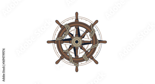 A wooden ship's wheel with rope wrapped around it, centered on a white background, nautical themed.