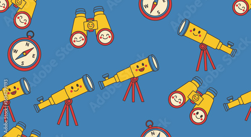 Playful repeating pattern of binoculars, telescopes, and compasses with happy faces.