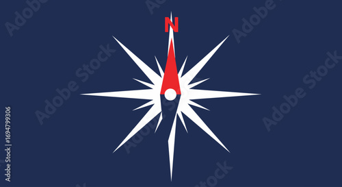 A modern, stylized white compass rose with a prominent red north arrow on a dark blue background.