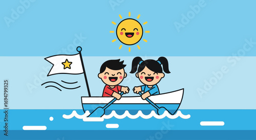 Happy cartoon boy and girl rowing a boat together on the sea under a smiling sun.